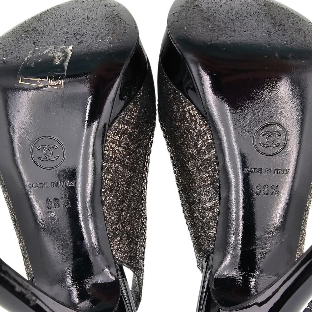 Chanel CC Slingback Chain Heel Pump Black Patent Vintage Gold Size 38.5 US 7.5 8 - Picture 14 of 15
